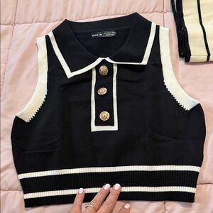 SHEIN Black & White Collared Knit Crop Tank with Gold Buttons